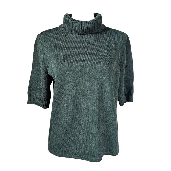 St. John Sport Green Santana Knit Turtleneck Sweater Sz M Short Sleeve Designer - Picture 1 of 11